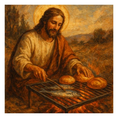 Jésus faisant un barbecue avec du pain et des poissons, inspiré de Jean 21, ambiance chaleureuse, scène biblique en plein air, illustration expressive sticker