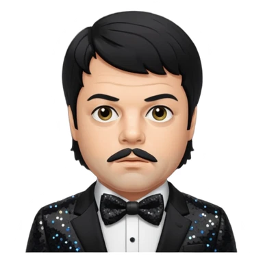 Oliver Reed with black hair, black sequin suit with bow tie sticker