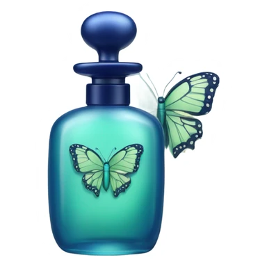  pastel green butterfly resting on an elegant blue perfume bottle with fork dark blue details. sticker