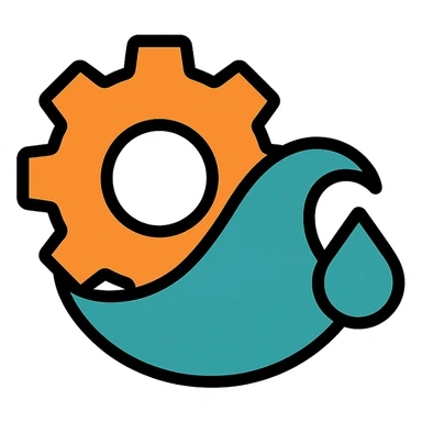 modern flat icon style logo for a Rust parser for Shopify's Liquid, combining a gear with a liquid wave, orange and teal palette sticker