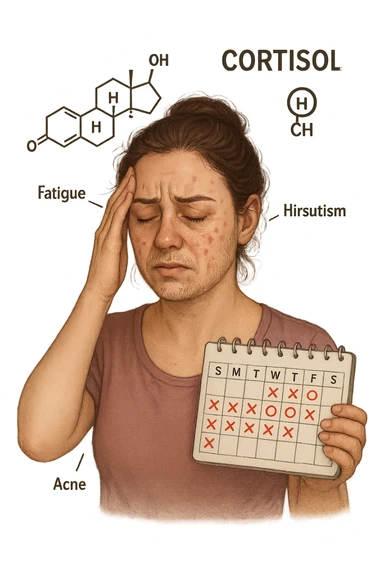 realistic and symbolic representation of elevated cortisol in a woman with PCOS, symptoms include stress, fatigue, acne, hirsutism, irregular cycle, graphic elements representing cortisol hormone, no background, 2:3 aspect ratio sticker