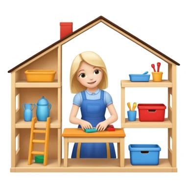 smiling girl arranging furniture in doll house sticker