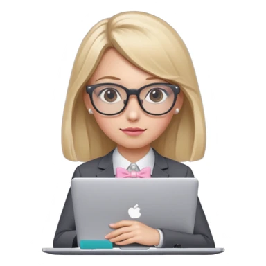 Please take the girl with laptop emoji and make her glassess light brown and her nose a bit smaller and pointier and she has blonde long hair and a dark grey suit and pearls, and has a laptop in fron of her and a tiny pink bow on the left side of her head sticker