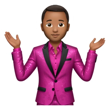 John Legend with dark brown hair, dark pink sequin suit jacket, red shirt sticker
