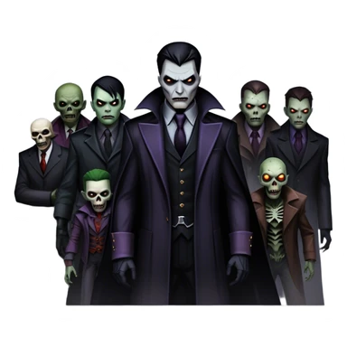 Icon for Thriller Movies: A large, dramatic collage featuring sinister villains and zombies in dark clothing. The background shows the gloomy cityscape of Gotham with dim lighting and eerie shadows. The atmosphere should be tense, mysterious, and suspenseful. Transparent background. sticker