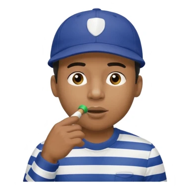 A black calm referee with striped shirt, wearing a sport cap while blowing a whistle, pointing clearly toward the field. sticker