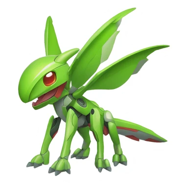 a shiny green Genesect-Flygon-Raptor-Fakémon—hybrid with a futuristic visor-helmet full body sticker
