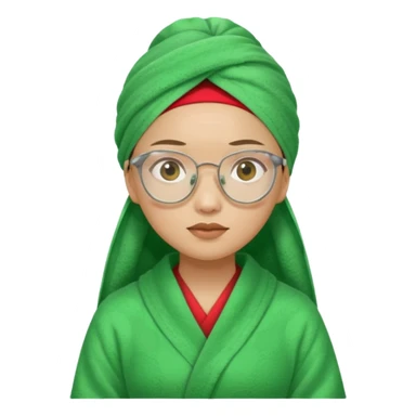 Asian woman wearing a green towel in her head with a broken glasses on her face in red pajamas sticker
