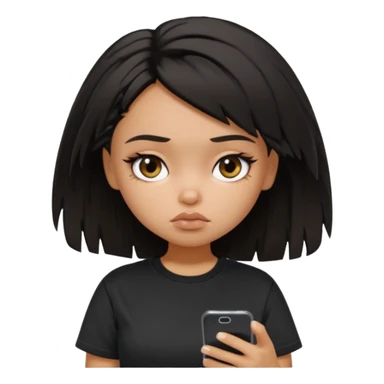 generate a pretty bratz girl with short black very messy dirty hair, looking tired and using her phone, wearing an oversized black tshirt sticker