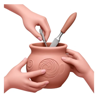 hands using pottery tools to add texture to pink clay, showing various texture tools creating patterns sticker