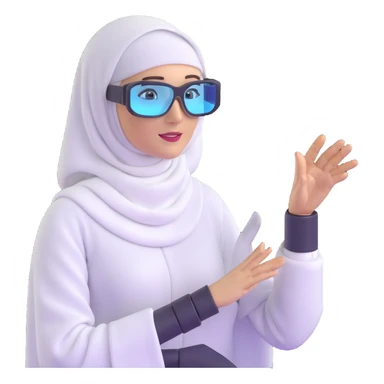 computer engineer with white hijab proudly presenting her completed metaverse creation, gesturing toward a floating holographic virtual world she built, explaining her digital architecture to audience, professional stance, AR glasses, display showing her code and virtual environment sticker