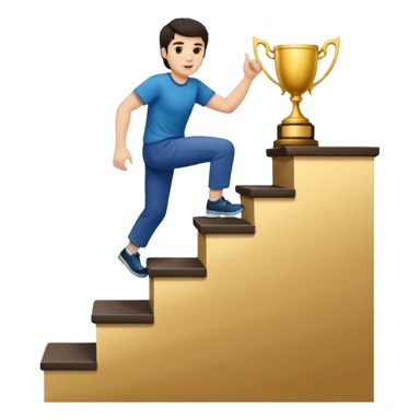 A man with fair skin and dark hair is climbing stairs to grab a trophy on the top step. sticker