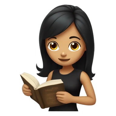 Girl with tan skin and long black hair and black shirt reading a book sticker