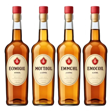 Four bottles of alcohol, each with distinct shapes and labels, arranged neatly in a row. The bottles should vary in color and size, with detailed labels and caps. sticker