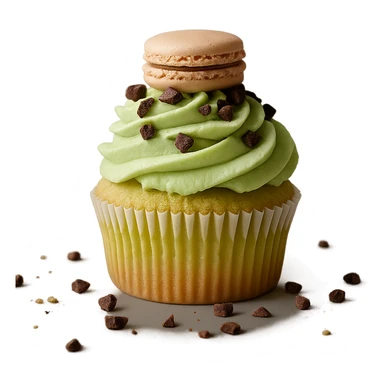 Change the icing to pistachio (light green), keep the realistic cupcake and accessories, photorealistic style, transparent background. Maintain the photorealistic look and details of the cupcake and accessories with a light green pistachio icing. Remove the background to make it transparent. sticker
