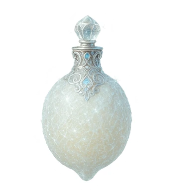luxurious crystal elixir bottle in frozen lemon shape, frosty pale yellow color, ornate silver and iridescent details, even more icy and sparkling effects, magical glowing, very small neck, seamless bottom, bottle clearly floating in air, no base or shadow, modern, collection style, transparent background sticker