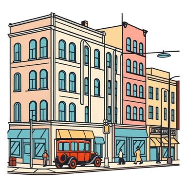 retro 1930s city street scene with anthropomorphised animals in t-shirts and shorts walking, black and white sticker