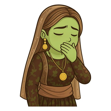 Kurdish cartoon sticker of the same woman in the new dress, feeling nauseous or about to vomit, hand over mouth, greenish face, no text, transparent background sticker