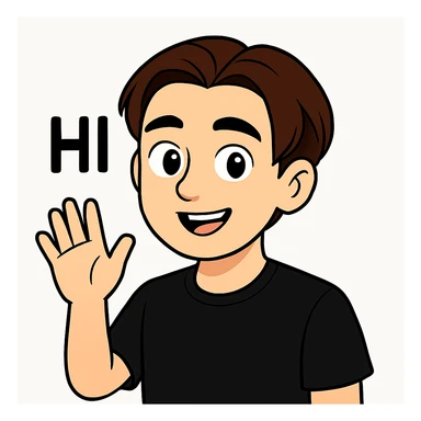 Edit the image of the boy to show him waving with his right hand, smiling, with the text "HI" above his hand. He is wearing a black shirt. Keep the face and style as in the original image. sticker