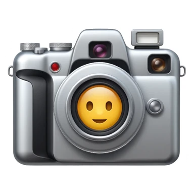 Minimal emoji icon of a modern metalic camera, front view, simple shapes, realistic lens,  sticker