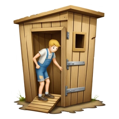 A trophy in the shape of an outhouse with a persons legs breaking out of the bottom at the base “I stink at FF” sticker