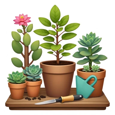 Close-up of a potted sapling with vibrant flowering plants around it, in rich soil. Sunlight filters through the window, casting soft shadows. Cozy indoor garden with blooming flowers, succulents, and gardening tools placed neatly on a wooden table. sticker