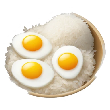 a bowl of rice with two eggs and two chicken sticker