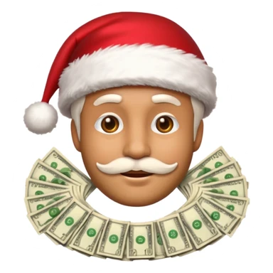 A confident rich emoji face wearing a Santa hat, money stacks, casino vibe, New Year theme, premium 3D emoji style, sharp details, no t sticker