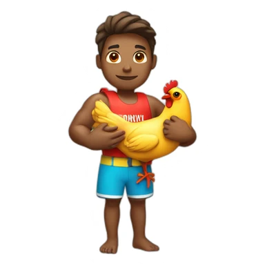 lifeguard with swimming attire holding a chicken in his hands sticker