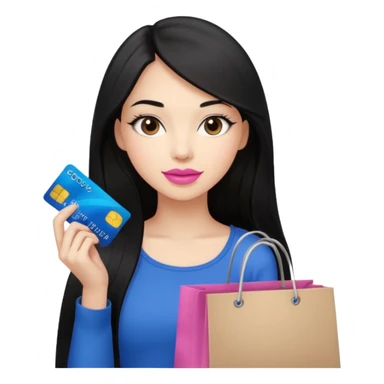 Girl with long black hair, pink lipstick, brown eyes holding shopping bags and blue credit card sticker