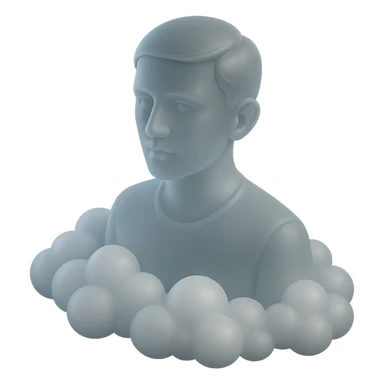 person looking straight, shoulders immersed in fluffy convex white clouds sticker