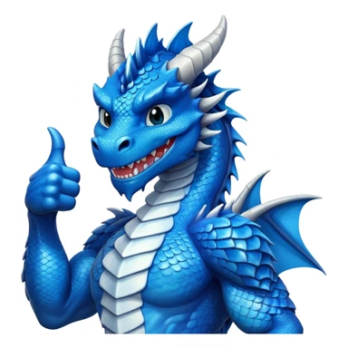 Humanoid blue dragon, smiling with a thumbs up sticker