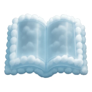 open book top view, fully made of small bright white fluffy clouds, matte glass style sticker