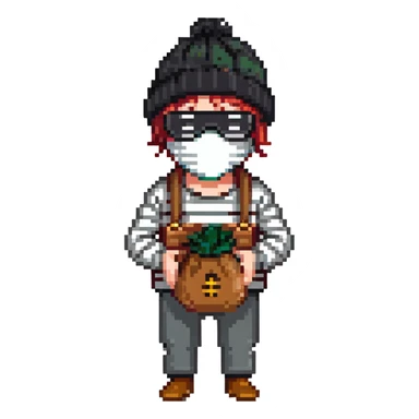 burglar with black and white striped shirt, black beanie, black mask over eyes, holding a moneybag sticker