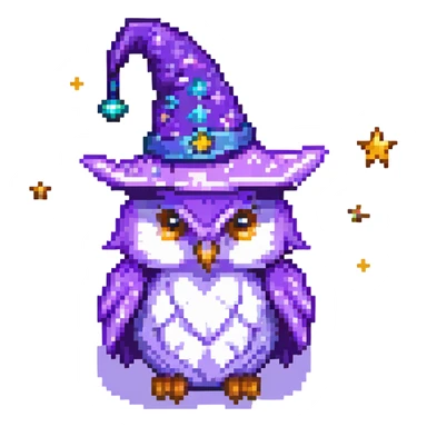 pixel art owl with a purple wizard hat and stars sticker