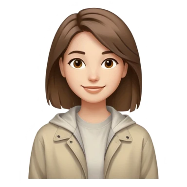 smiling face with soft straight brown hair swept to one side, warm and creative eyes, wearing neutral-toned aesthetic clothing including light oversized jacket and artistic tee, expression conveys positive energy style and originality sticker