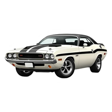 White 1971 Dodge Challenger muscle car with black racing stripes, minimalist style, vintage American muscle car, similar to the one from Death Proof movie sticker