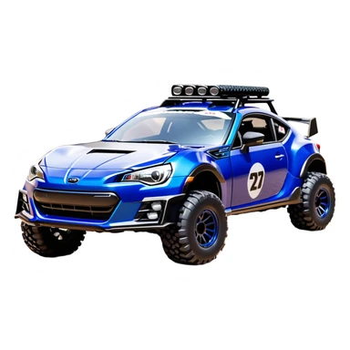 Rally race car Widened roof Long wheelbase widened pearly midnight satin dark blue  2025 Subaru brz off-road racer chrome nerf bars,side steps mounted under-door-sill climbing rock sliders, and silver satin wheels  sticker