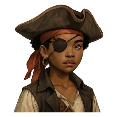 lightskin African American girl pirate with a scar, an eye patch on the right eye, an eyebrow slit, and a small curly black afro sticker