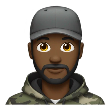 black man with a beard, gray camo hat, black pullover  hoodie sticker