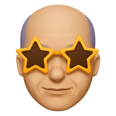 A bald guy wearing star-shaped sunglasses in the style of apple emojis, with no background, clean and crisp apple emoji style look. sticker