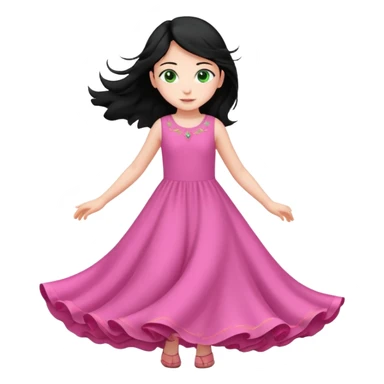 Una chica de 10 años volando con la piel clara el pelo negro y los ojos verdes con un vestido largo y rosa sticker