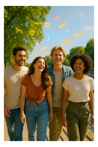 a group of friends strolls along a riverside promenade on a bright, sunny day. Their expressions are joyful and relaxed, and the sunlight creates a warm, golden glow. Above them, faint, colorful lines or icons represent the release of beneficial dopamine. The background is vibrant and full of life. sticker