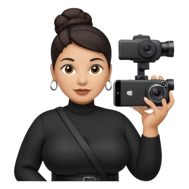 middle aged, latina plump woman photographer with dark hair, slicked back in a bun, wearing black clothes, carrying a canon r5, and an iPhone on a gimbal sticker