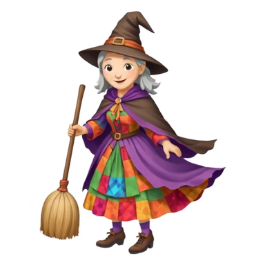 Befana flying on a broomstick: friendly old witch with a warm smile, big nose, rosy cheeks, wearing a colorful patchwork dress and shawl, riding a classic wooden broom. sticker