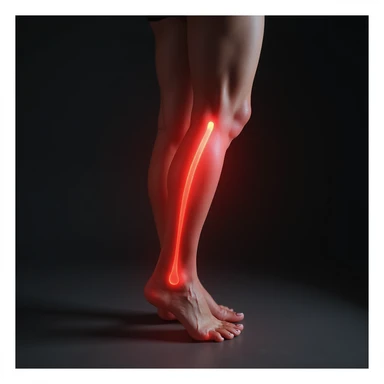 hyperrealistic illustration on white background of a leg with overload: leg viewed laterally, knee and calf area highlighted by a red halo, 4K details, variant 8 sticker