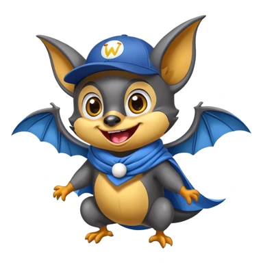 Friendly flying fox bat mascot with cheerful mischievous expression, large spread wings, big expressive eyes with playful glint, smiling mouth showing small fangs, wearing yellow and blue scarf wrapped around neck, blue baseball cap tilted to one side, dark grey body with white highlights, circular composition sticker