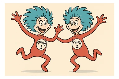 Thing One and Thing Two together, jumping, blue hair, red suits, white circles with 'Thing 1' and 'Thing 2', cartoon style sticker