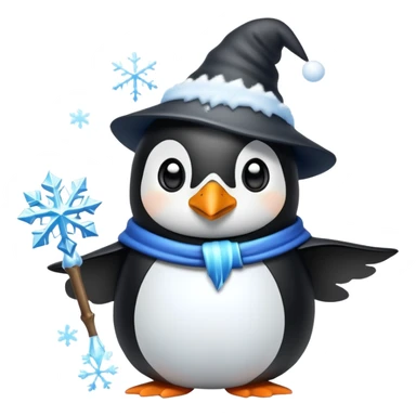 penguin wizard casting an ice spell with snowflakes and frost sticker