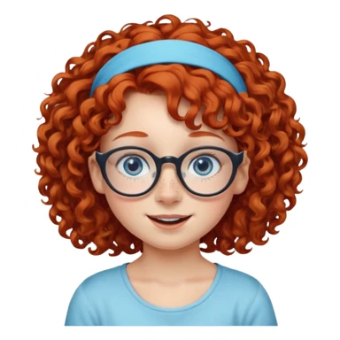 redhead kid with unique face features and very curly hair kid girl happy and big glasess and big nose and very blue eyes and headband with freckles sticker